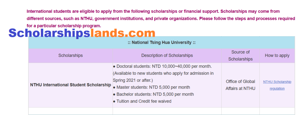 National Tsing Hua University Scholarship Taiwan 2026