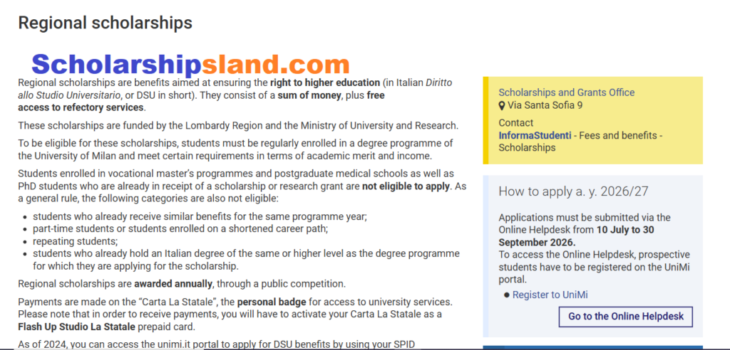 University of Milan DSU Regional Scholarship 2026/27