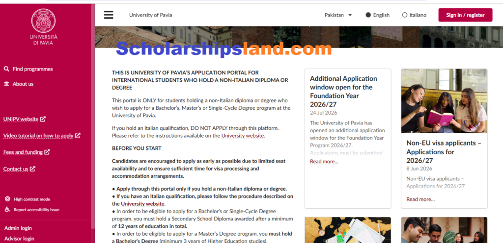University of Pavia Italy Scholarship 2027