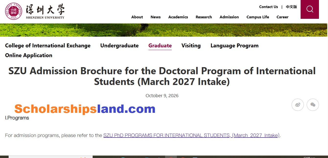 Shenzhen University CSC Scholarships 2027