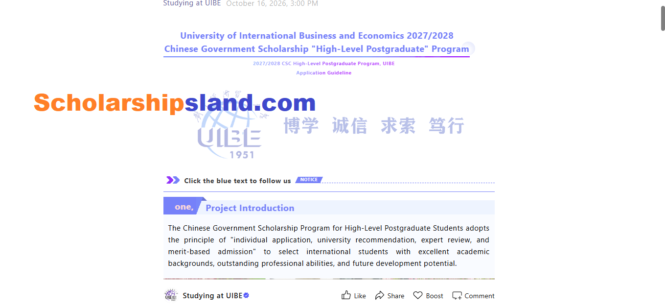 UIBE China CSC Scholarship 2027